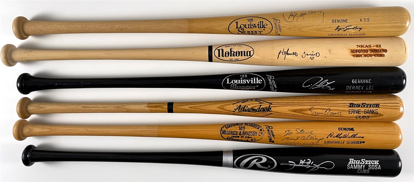 Chicago Cubs Hall of Famer and Stars Collection of Six Signed Bats – Including Ernie Banks, Ryne Sandberg, Billy Williams, Sammy Sosa, Alphonso Soriano and Derrek Lee