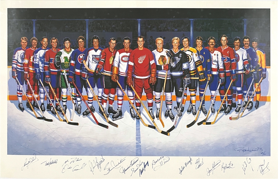 NHL 500 Goal Scorers Signed Ron Lewis LE Print (689/100) Signed by 16 Hall of Famers Incl. Gordie Howe, Bobby Hull and Johnny Bucyk