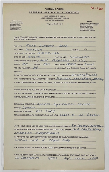 Pete Rose Handwritten Publicity Questionnaire Filled Out July 19, 1960, During His First Year in the Minors