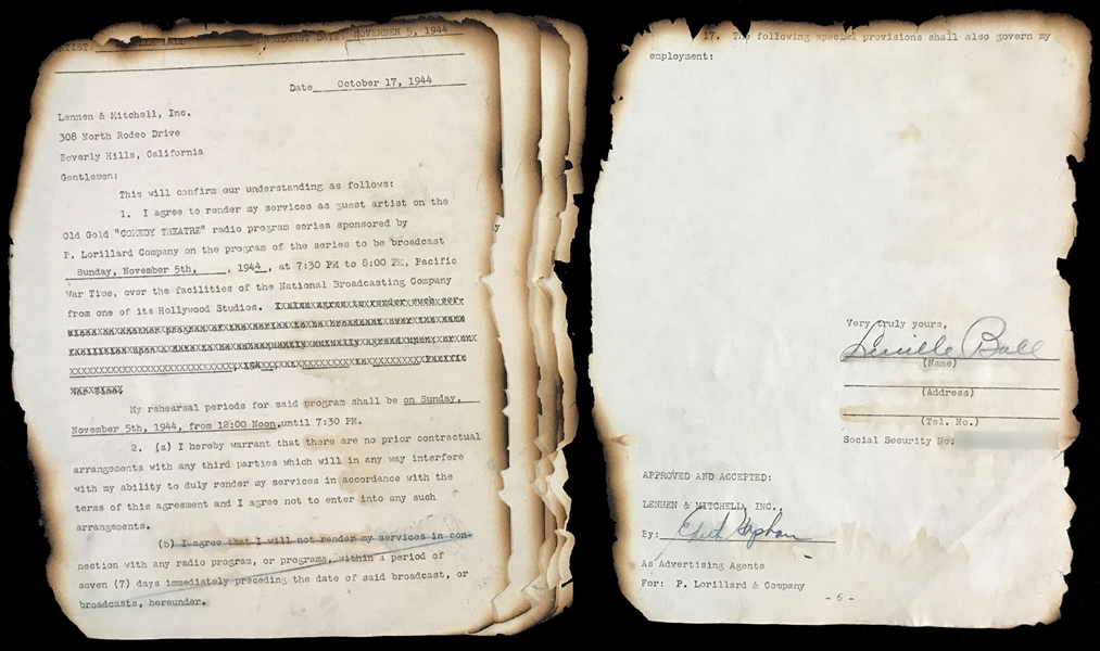 1944 Lucille Ball Signed <em>Old Gold Comedy Theatre</em> Radio Show Contract - SAVED FROM THE FIRE!