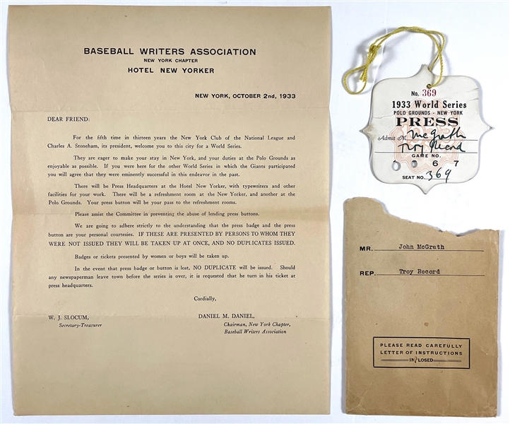 1933 World Series Press Pass Badge, BWA Letter and Envelope for New York Giants vs. Washington Senators at the Polo Grounds – Games 1 and 2 – Plus Other Press Ephemera