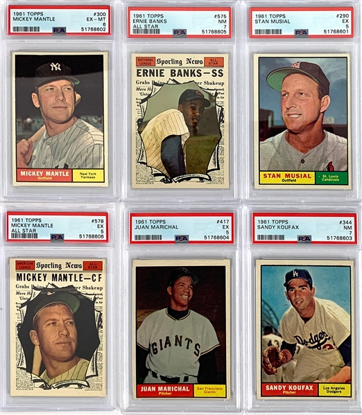 1961 Topps Baseball Complete Set (587) with Six PSA Graded Incl. Mantle, Mantle AS, Koufax and Others