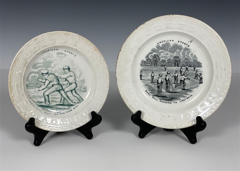 1860s Staffordshire “ABC” "Base Ball" Pottery Plates - "Running to First Base" and "Out on the Third Base"