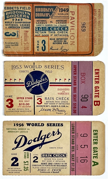 Trio of Brooklyn Dodgers vs. New York Yankees World Series Ticket Stubs at Ebbets Field - 1949, 1953 and 1956