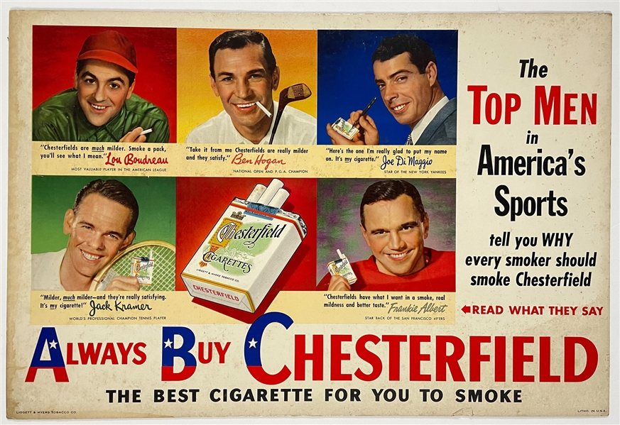 1948 “Chesterfield Cigarettes” Poster Featuring Joe DiMaggio, Ben Hogan and Lou Boudreau