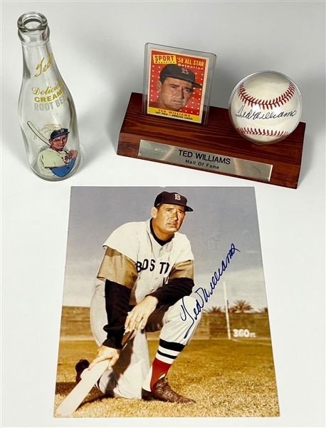 Ted Williams Signed Photo, Signed Baseball, 1958 Topps Card - Plus “Teds Creamy Root Beer” Bottle