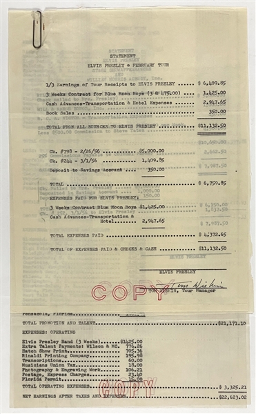 Elvis Presley February 1956 Concert Tour Financial Statements Signed by Tour Manager Tom Diskin