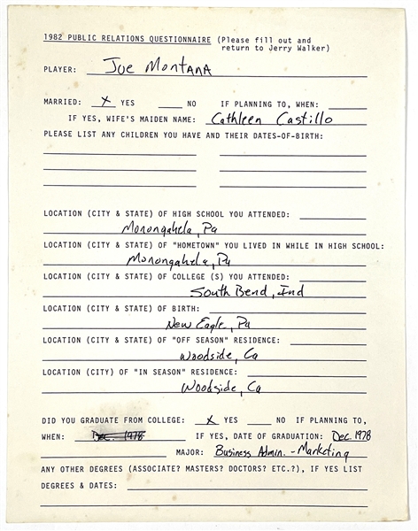Joe Montana Handwritten San Francisco 49ers “1982 Public Relations Questionnaire”