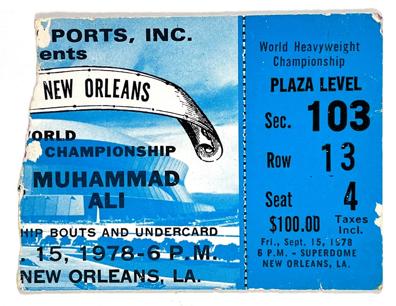 September 15, 1978, Muhammad Ali vs. Leon Spinks Ticket Stub - “The Battle of New Orleans” in the Superdome – Ali becomes first man to win the World Heavyweight Championship three times!