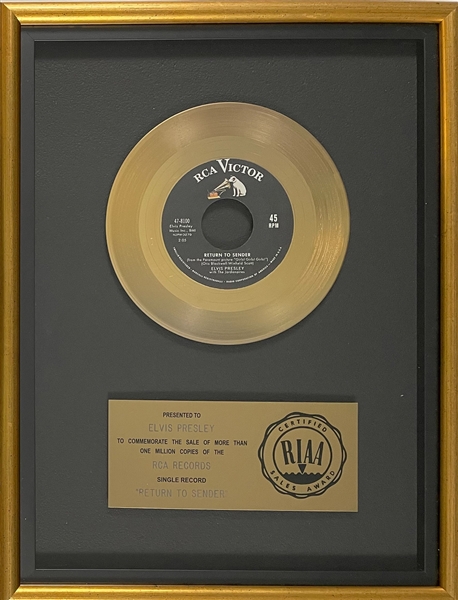 RIAA Gold Record Award for Elvis Presleys 1962 Single “Return to Sender” - “Presented to Elvis Presley” Certified in 1983
