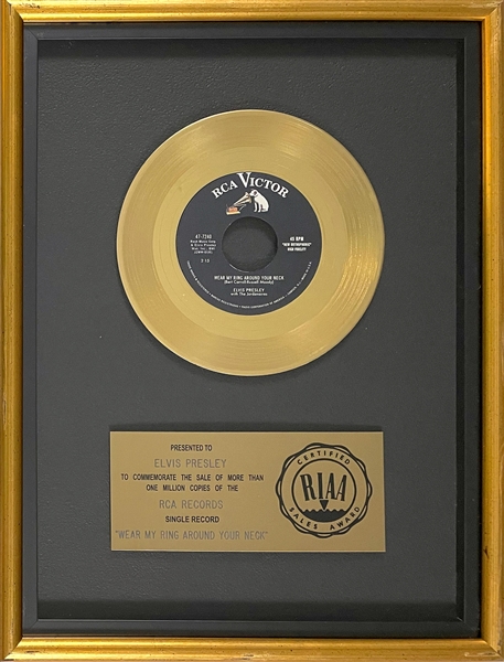 RIAA Gold Record Award for Elvis Presleys 1958 Single “Wear My Ring Around Your Neck” - “Presented to Elvis Presley” Certified in 1983