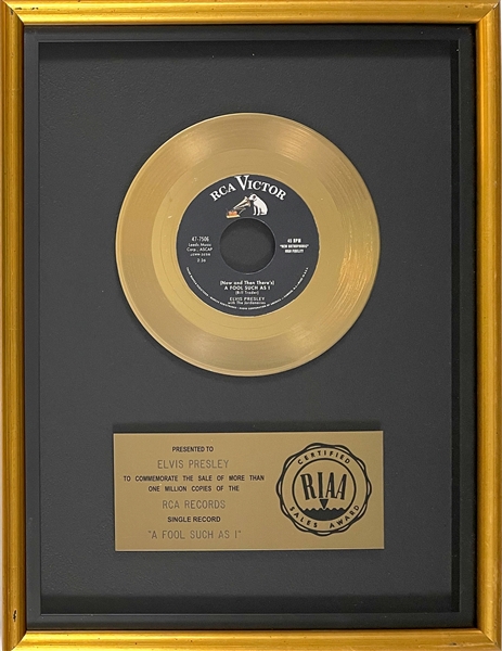 RIAA Gold Record Award for Elvis Presleys 1959 Single “A Fool Such As I” - “Presented to Elvis Presley” Certified in 1983