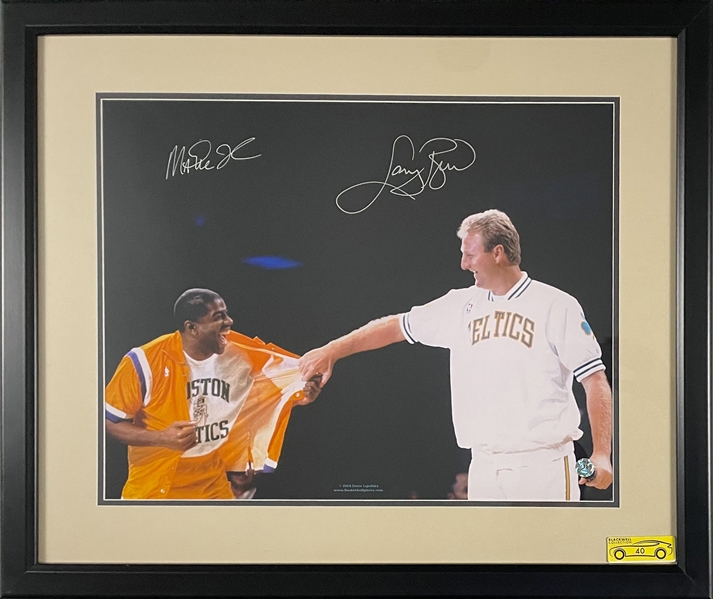 Larry Bird and Magic Johnson Signed 16 x 20 – From Birds 1993 Retirement Ceremony with Magic in a Celtics Shirt!