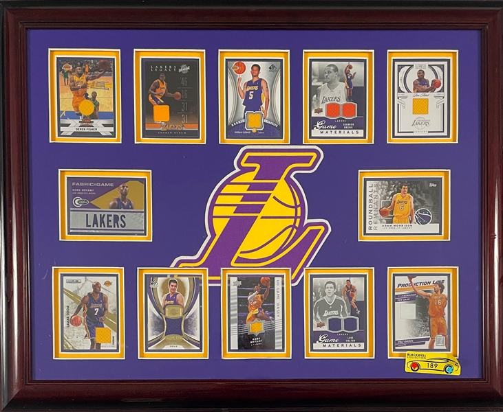 2009-10 NBA Champion Los Angeles Lakers Game-Used Jersey Trading Cards Display with Two Kobe Bryant Cards (12 Cards Total)