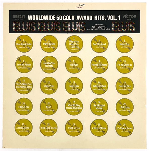 Uncut Album Cover Slicks for Elvis Presleys LPs <em>Worldwide 50 Gold Award Hits, Vol. 1</em> and <em>ELVIS</em> (68 Comeback TV Special)