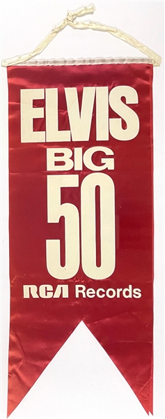 1970 “ELVIS BIG 50” Double-Sided Hanging Satin Banner Used at The Las Vegas International Hotel – Still Attached!