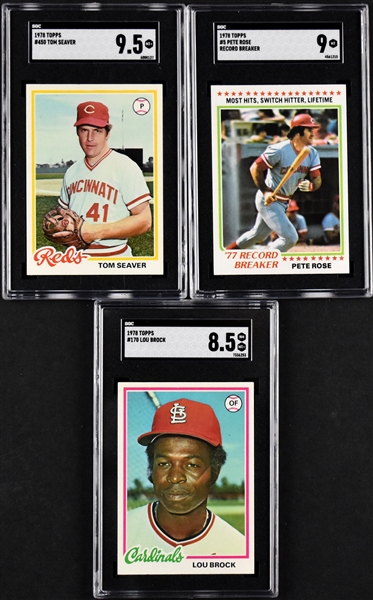 1978 Topps Baseball Complete Set (726) #5 Pete Rose Record Breaker SGC MINT 9, #170 Lou Brock SGC NM-MT+ 8.5 and #450 Tom Seaver SGC MINT+ 9.5