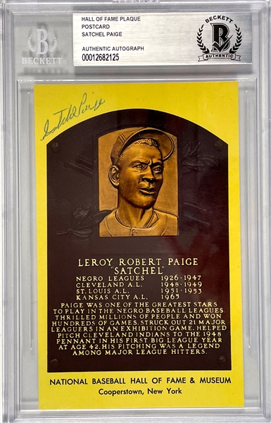 Satchel Paige Signed Yellow Hall of Fame Plaque – Encapsulated By Beckett Authentic