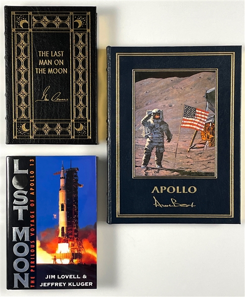 Apollo and Gemini Astronauts Signed Book Trio with Eugene Cernan (Gemini 9A, Apollo 10, Apollo 17), Alan Bean (Apollo 12) and Jim Lovell (Gemini 12, Apollo 8, Apollo 13) 