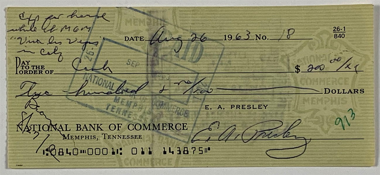 Elvis Presley Signed Check Written on August 23, 1963, for Expenses While Filming <em>Viva Las Vegas</em> - with LOA from Graceland Authenticated