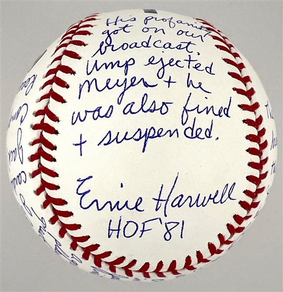 Legendary Dodgers Announcer Ernie Harwell Signed “Story Ball” with 4-Panel Incscription Descibing Jackie Robinson Stealing Home