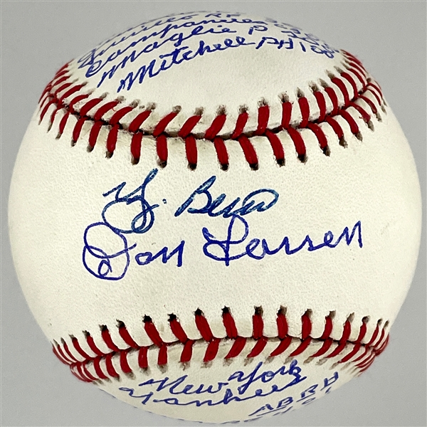 Don Larsen and Yogi Berra Signed Baseball with Handwritten Box Score of Larsens 1956 World Series Perfect Game