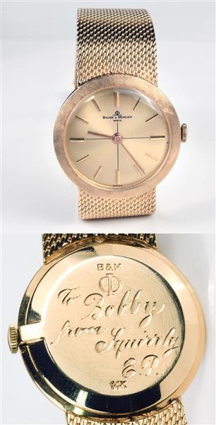 Baume Mercier 14K Gold Watch Gifted by Elvis Presley to Las Vegas International Hotel Bandleader Bobby Morris – Engraved “To Bobby from Squirrly, EP”