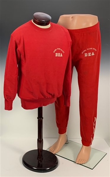 Elvis Presley Owned “Drug Enforcement Agency” Red Sweatsuit Top and Bottom Gifted to Cousin Billy Smith