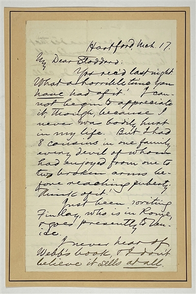 Mark Twain 1875 Handwritten 2-Page Letter Signed “Mark” to His Former Secretary and Poet Charles Stoddard