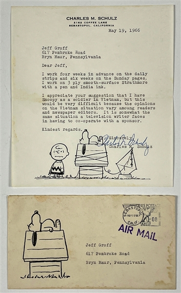 Charles Schulz Signed Letter Discussing Snoopy and The Vietnam War – on Charlie Brown/Snoopy Letterhead and Original Envelope