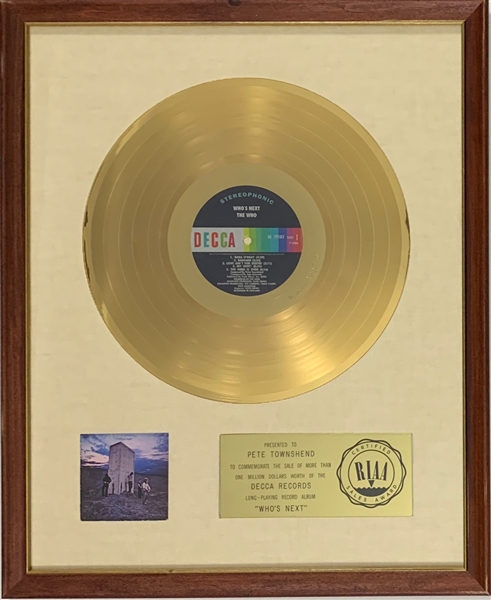 RIAA Gold Record Award for The Whos 1971 LP <em>Whos Next</em> - “Presented to PETE TOWNSHEND” - Certified in 1971 - Early White Linen Matte Style