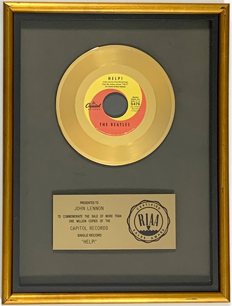 RIAA Gold Record Award for The Beatles 1965 Single “HELP!” - “Presented to JOHN LENNON”