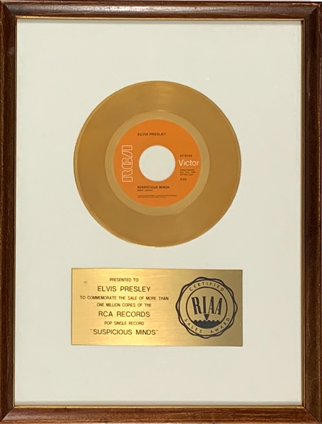RIAA Gold Record Award for Elvis Presleys 1969 Single “Suspicious Minds” - “Presented to ELVIS PRESLEY” - Certified in 1969 - Early White Linen Matte Style