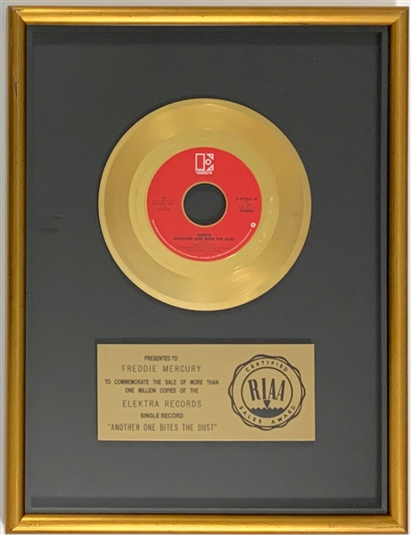 RIAA Gold Record Award for the Queens 1980 Single “ANOTHER ONE BITES THE DUST” - “Presented to FREDDIE MERCURY”