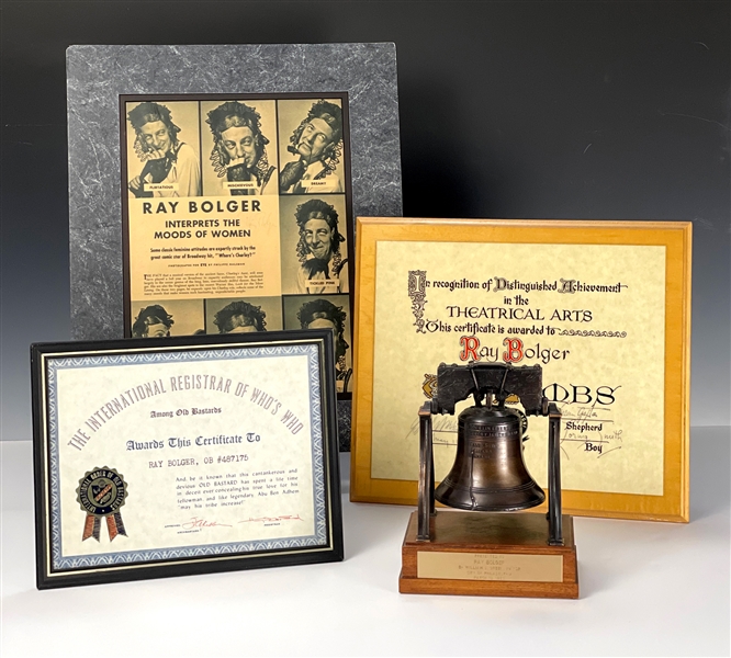 Ray Bolger (The Scarecrow from <em>The Wizard of Oz</em>) Collection with Signed 1949 <em>EYE</em> Magazine Page and Three Personally-Owned Awards