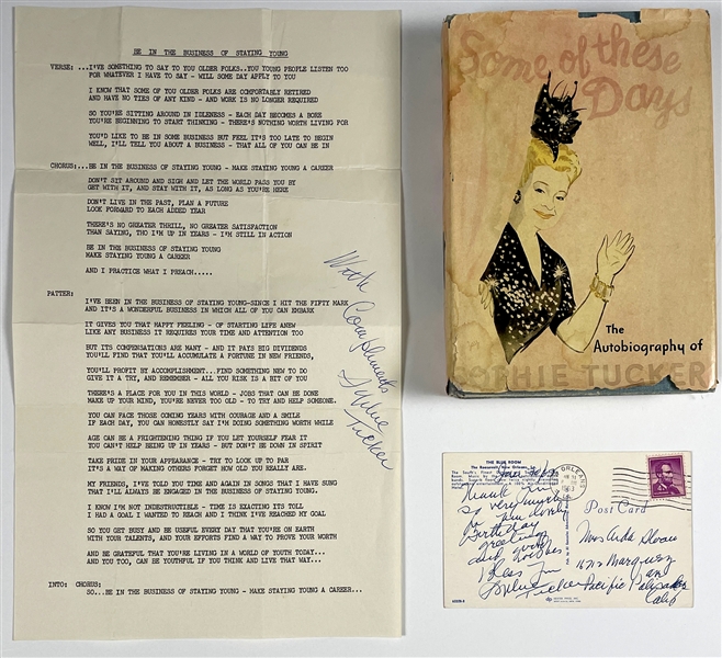 Sophie Tucker Signed Autobiography (<em>Some of these Days</em>, Signed Postcard and Signed Lyrics to “Be in the Business of Staying Young”