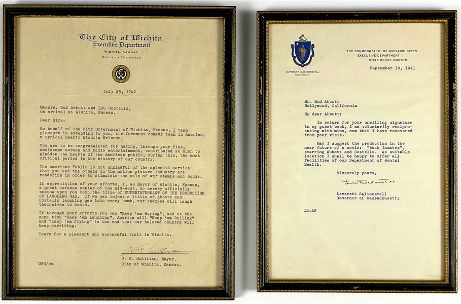 Pair of Officially Ironic Letters to Abbott and Costello from Gov. of Massachusetts and Mayor of Wichita, Kansas
