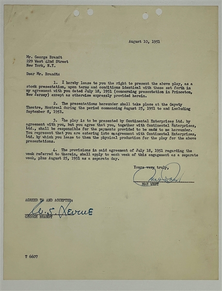 Mae West Signed 1951 Agreement for Her Play <em>Diamond Lil</em> - Also Signed by Show Producer George Brandt