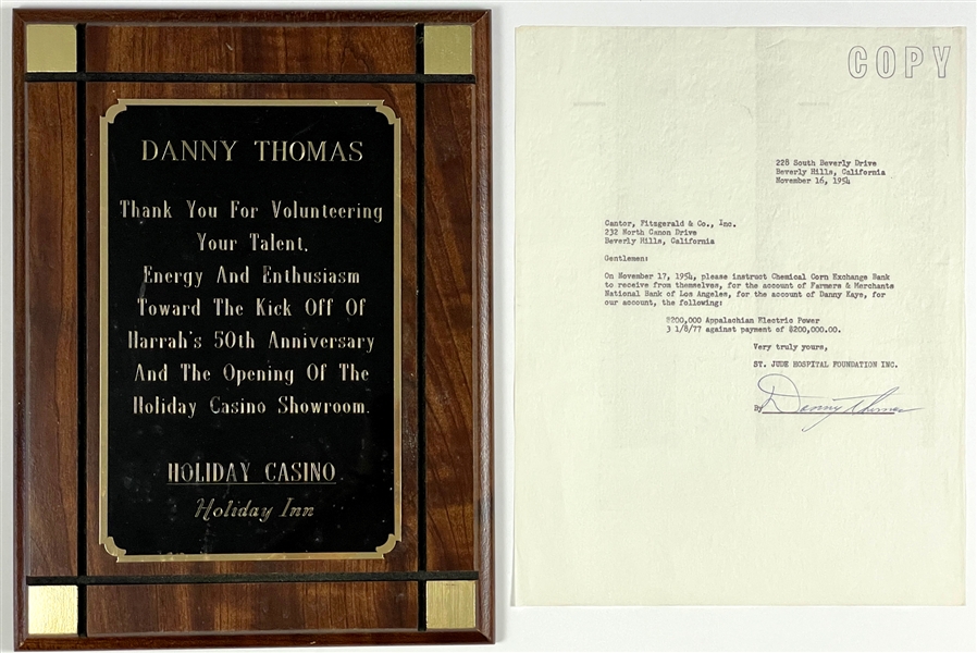 Danny Thomas Signed Financial Document Plus “Holiday Casino” Award for His Service