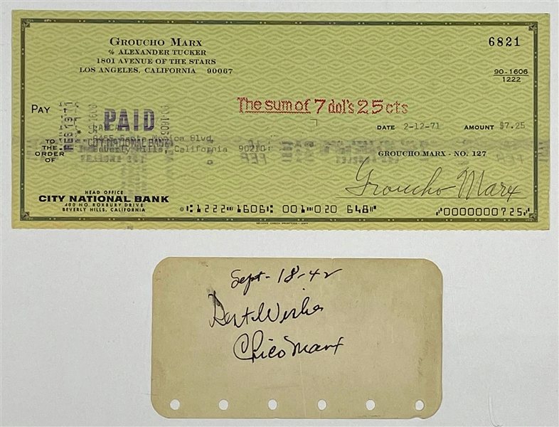 Groucho Marx Signed Personal Check and Chico Marx Signed Autograph Book Page