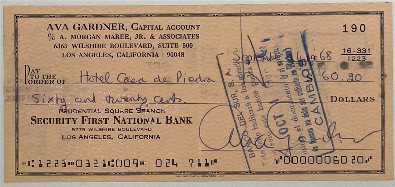 Ava Gardner Signed Personal Check