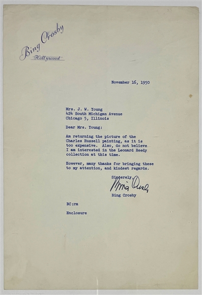 Bing Crosby 1950 Letter Referencing His Fine Art Collecting