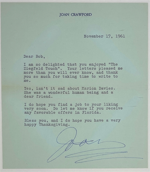 Joan Crawford Signed Letter Referencing the Death of Marion Davies
