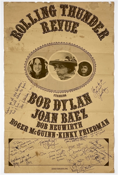 Bob Dylan 1976 “Rolling Thunder Revue” Concert Tour Poster From Bobs Tour Bus! Signed by Joan Baez, Roger McGuinn and 8 Other Band Members – Plus Tour Documents - Beckett Certified