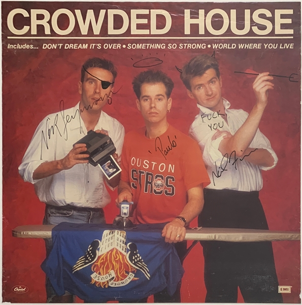 Pair of Crowded House Band-Signed Posters Plus 1994 Backstage Pass, and 1997 Tour Crew Polo Shirt (4 Pieces)  (Beckett Certified)