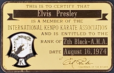 Elvis Presleys Kenpo Karate 7th Degree Black Belt Gold Metal ID Card - Dated August 16, 1974 - Gifted to J.D. Sumner, Former Mike Moon Collection