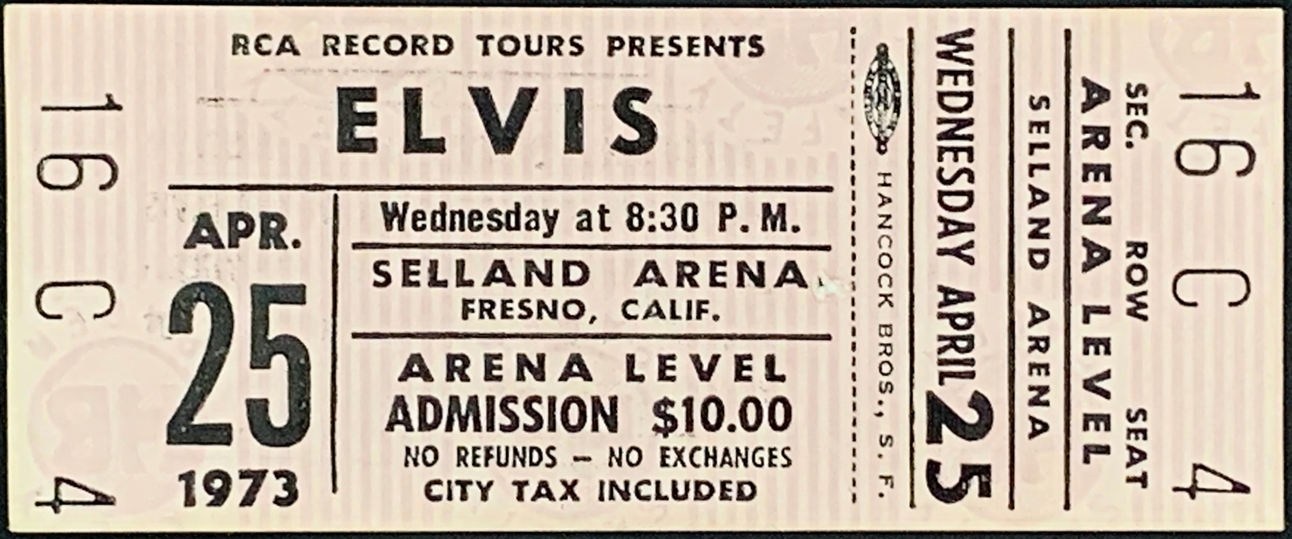 April 25, 1973, FULL TICKET for Elvis Presley Concert at Fresnos Selland Arena
