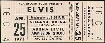 April 25, 1973, FULL TICKET for Elvis Presley Concert at Fresnos Selland Arena