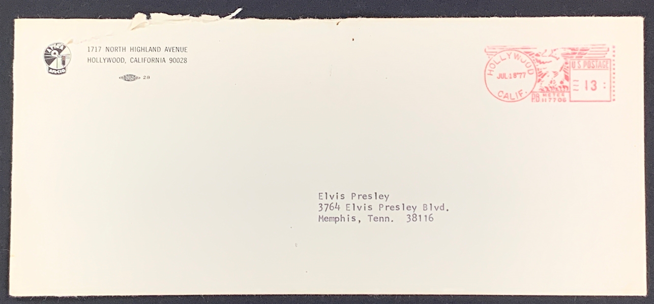 Envelope Addressed to Elvis Presley at Graceland from AFTRA (Screen Actors Union) - Postmarked "JUL 18 77"