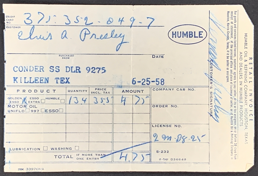 Elvis Presley 1958 Gas Receipt Carbon from Killeen, Texas During His Time in Army Basic Training at Fort Hood